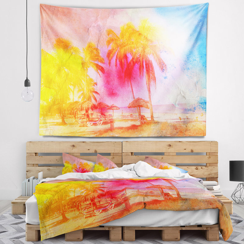 Tapisserie aquarelle jaune pour palmiers rétro tree, H 32 po x l 39 po