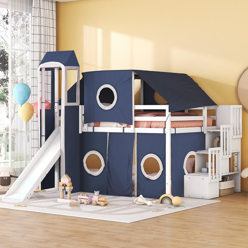 Lit mezzanine double avec tente et tour - Bleu