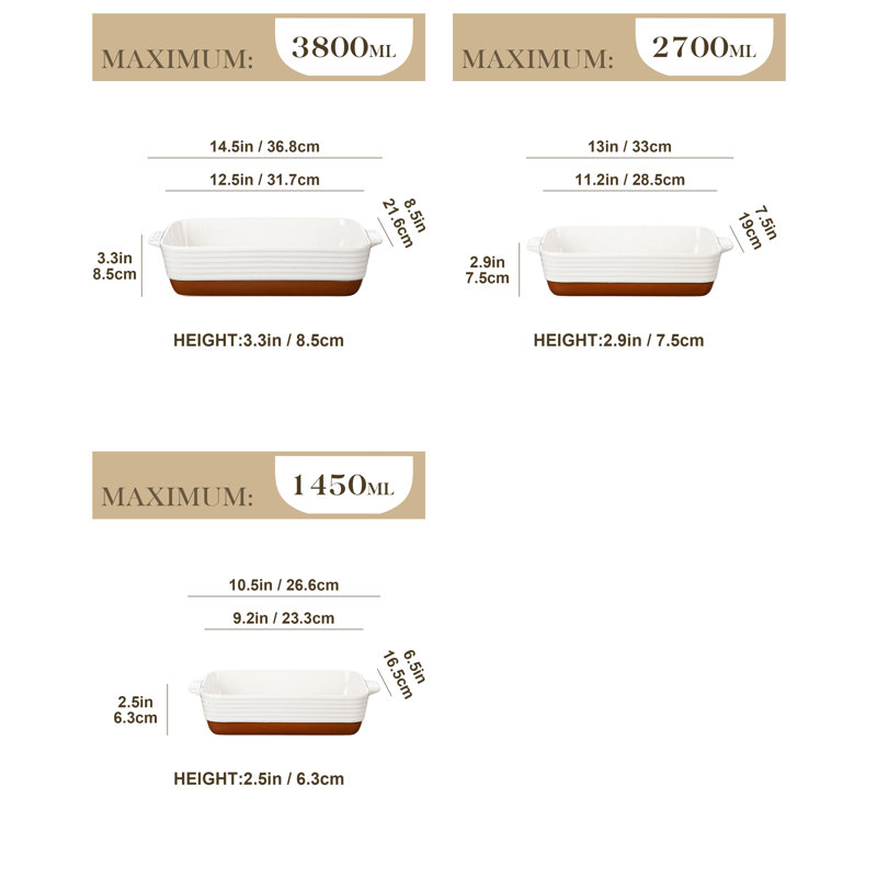 MALACASA Rectangle Stoneware 3 Piece Au Gratin Dish Bakeware Set