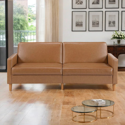 Faux Leather Futon Sofa, Convertible Sleeper Sofa with Drop-Down Back and Wood Legs