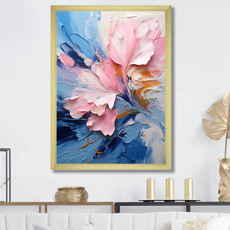 Encre rose et mauve à fleurs II - encre liquide, art mural abstrait, Encadrement doré, H 32 po x l 24 po x P 1 po