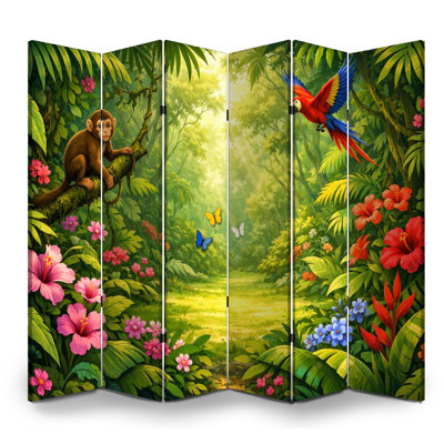Cloison pliante 6 panneaux paravent Royal Tropical Jungle Fleurs éclatantes Feuillage vert dense Pépinière Toile Séparateur de pièce Cloison de protection autoportante Cloison d'intimité