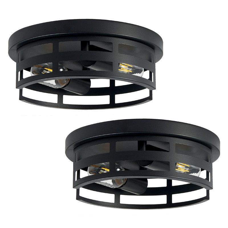 2-Pack Industrial Round Black Metal 2-Light Flush Mount Ceiling Light(Bulb Not Include) 