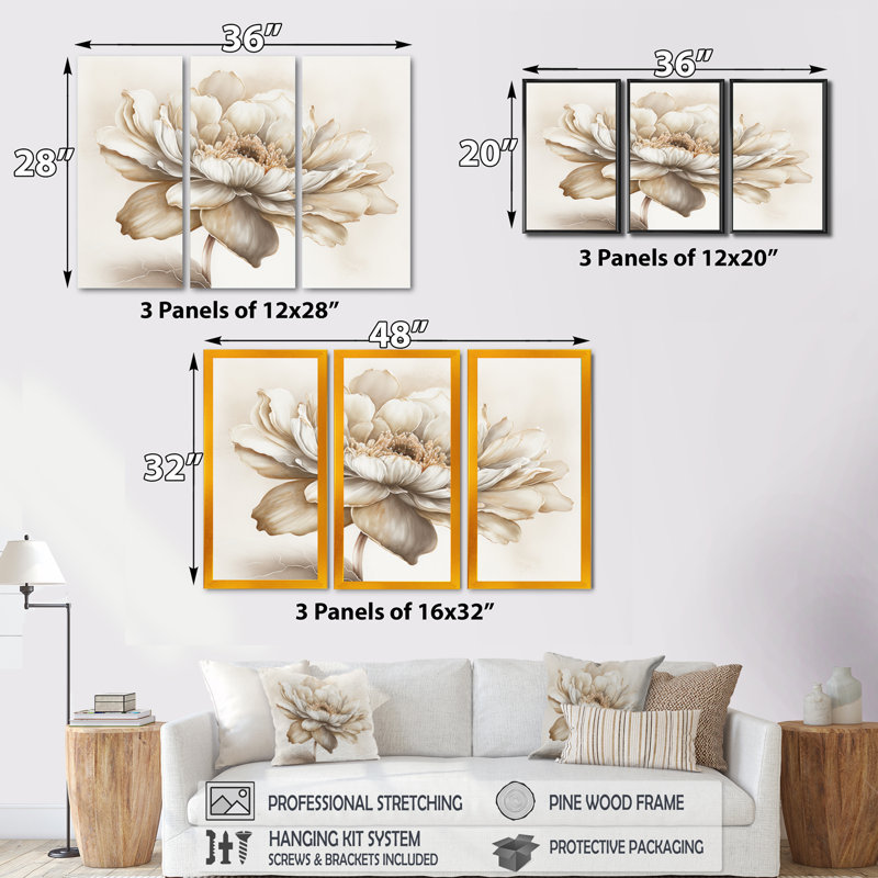 Indigold Beige Flower I - 3 pièces sur toile tendue, H 32 po x l 48 po x P 1 po