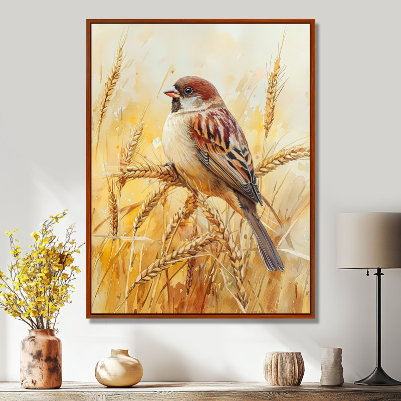  «House Sparrow Bird Parmi Les Blés III», reproduction sur toile encadrée, Brun, Reproduction avec cadre flottant