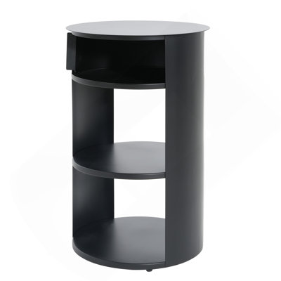 Indoor 3-Tier Metal Round Side Table With Sliding Door Cabinet, Matte Black