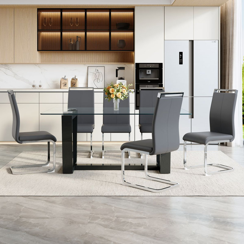 63'' Dining Table Set For 4–6 People, Modern Tempered Glass Kitchen Table With Faux Leather Chairs, Gray