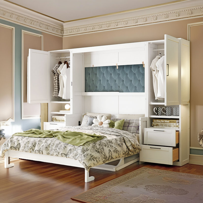 Grand lit escamotable Sereno avec garde-robe, tiroirs et tablette supérieure, lit escamotable avec armoire rabattable, Blanc