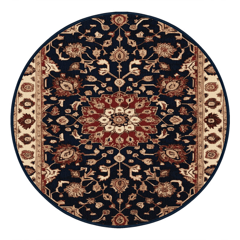 Tapis persan noir lavable à la machine, Rond 5 pi