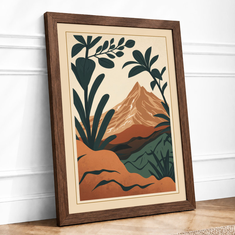 Mountain Framed In Palms Art Deco - Print, Walnut, A3 - 42.0 x 29.7 cm