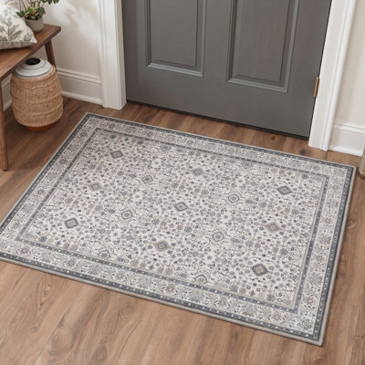 Paillasson traditionnel gris/bleu oriental à poils courts, lavable et antidérapant