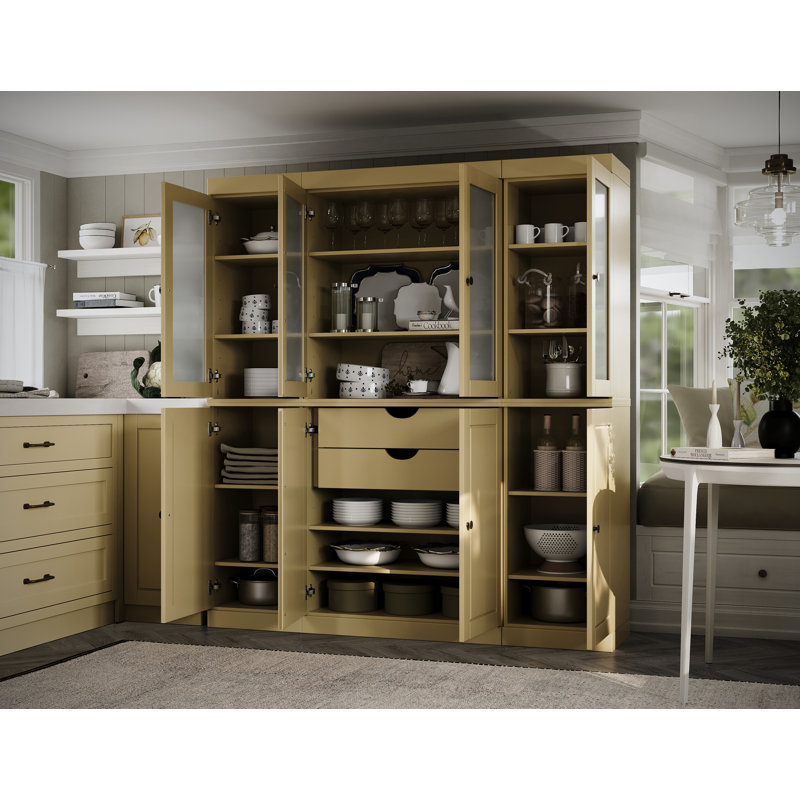 Vaisselier 100% bois massif 65 "avec portes en verre givré massif, 2 tiroirs et tablettes réglables, Jaune
