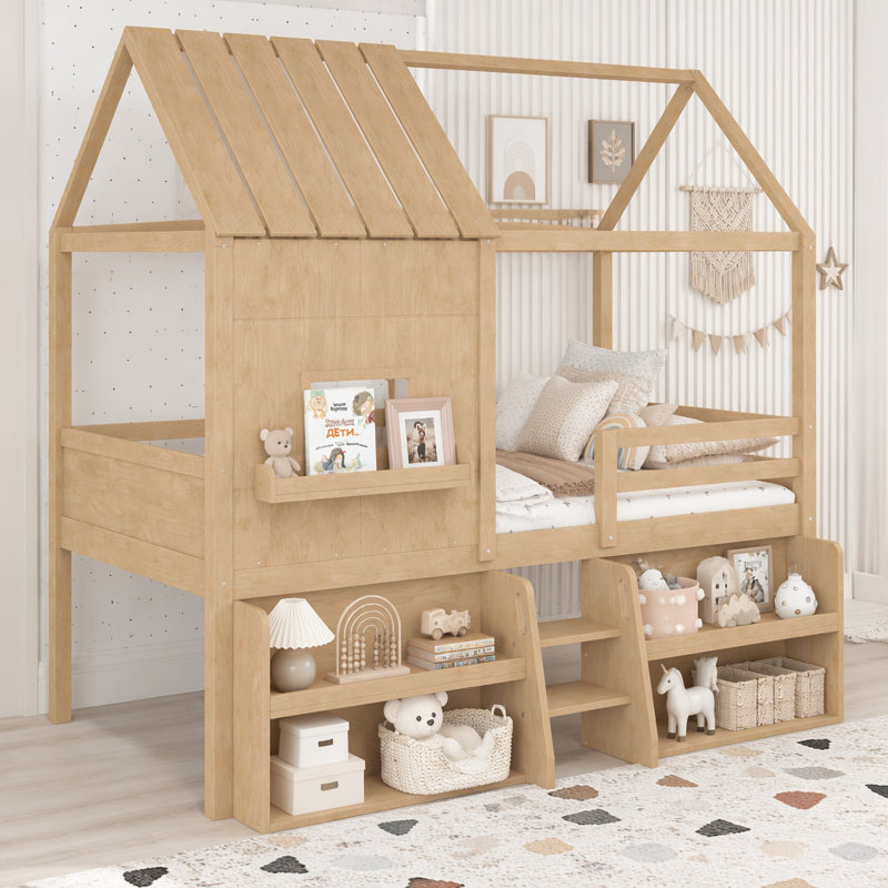 Lit mezzanine simple avec tablettes et escaliers de rangement, Lit simple, Naturel
