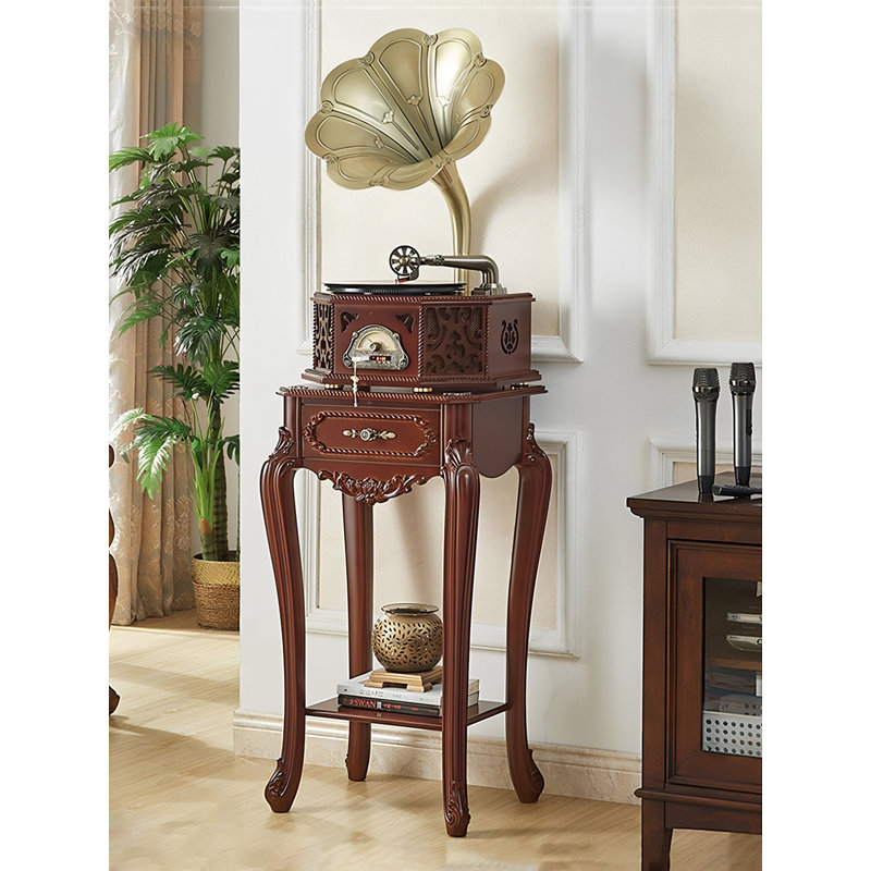 Tourne-disque traditionnel en bois sculpté avec haut-parleurs en métal, adapté à la décoration intérieure