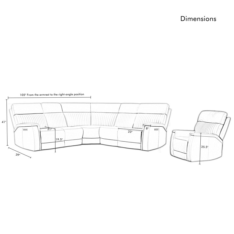 Ensemble de salon Emlin 6 pièces, 3 fauteuils inclinables électriques, canapé d'angle inclinable en cuir, appui-tête et soutien lombaire électriques