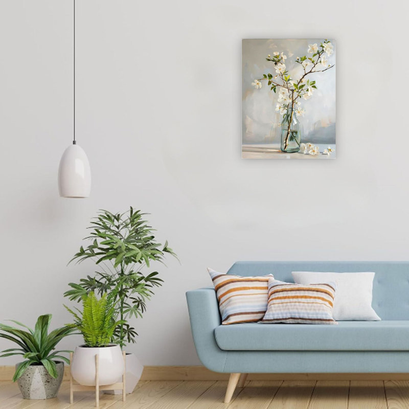 Motif floral blanc blanc dans un vase bleu 24 "x 18"