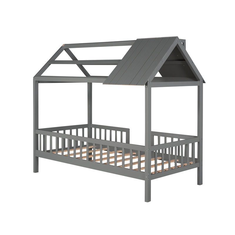 Lit simple en bois avec clôture, gris
