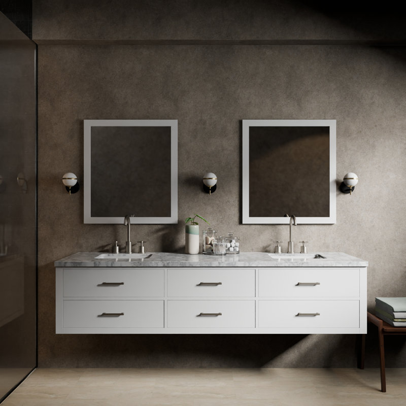 Ensemble de meuble-lavabo double 84 po, Blanc, Marbre de Carrare blanc