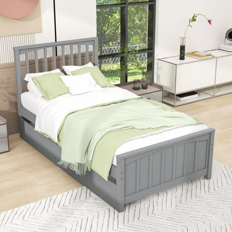 Lit plateforme simple en bois avec lit gigogne simple, Gris