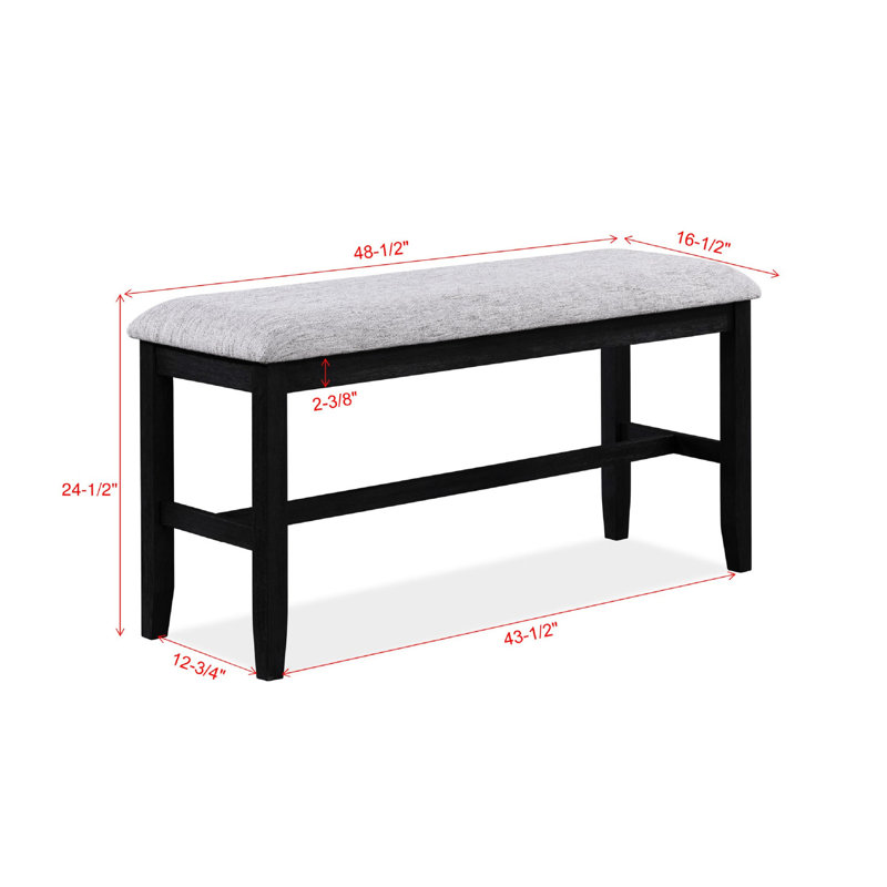 Banc rembourré à hauteur de comptoir de style transitionnel en bois massif noir / gris avec revêtement gris