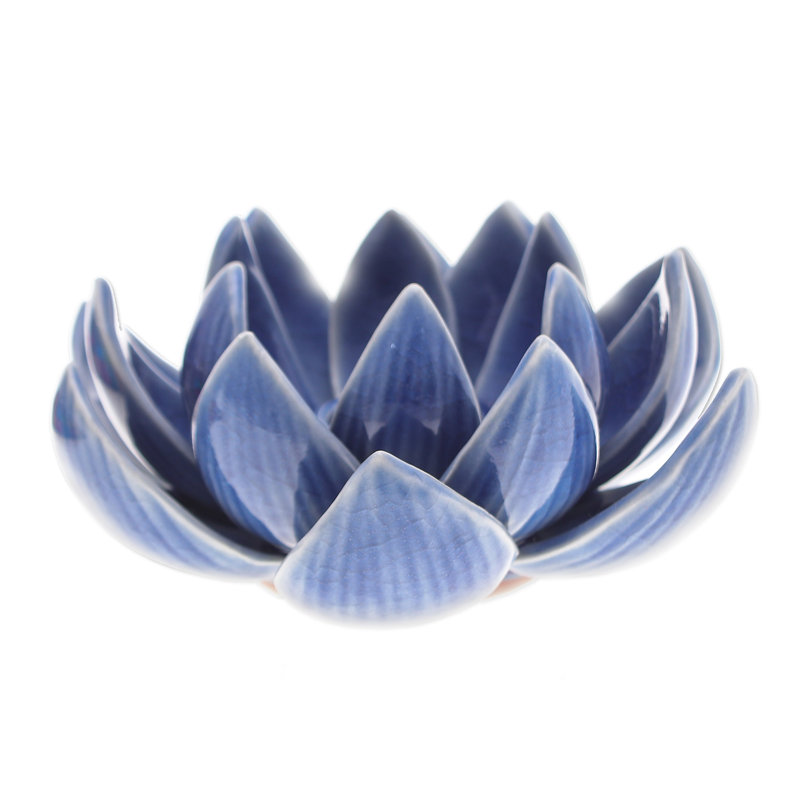 Handmade Lotus Splendor Celadon Ceramic Candle Holder, Blue