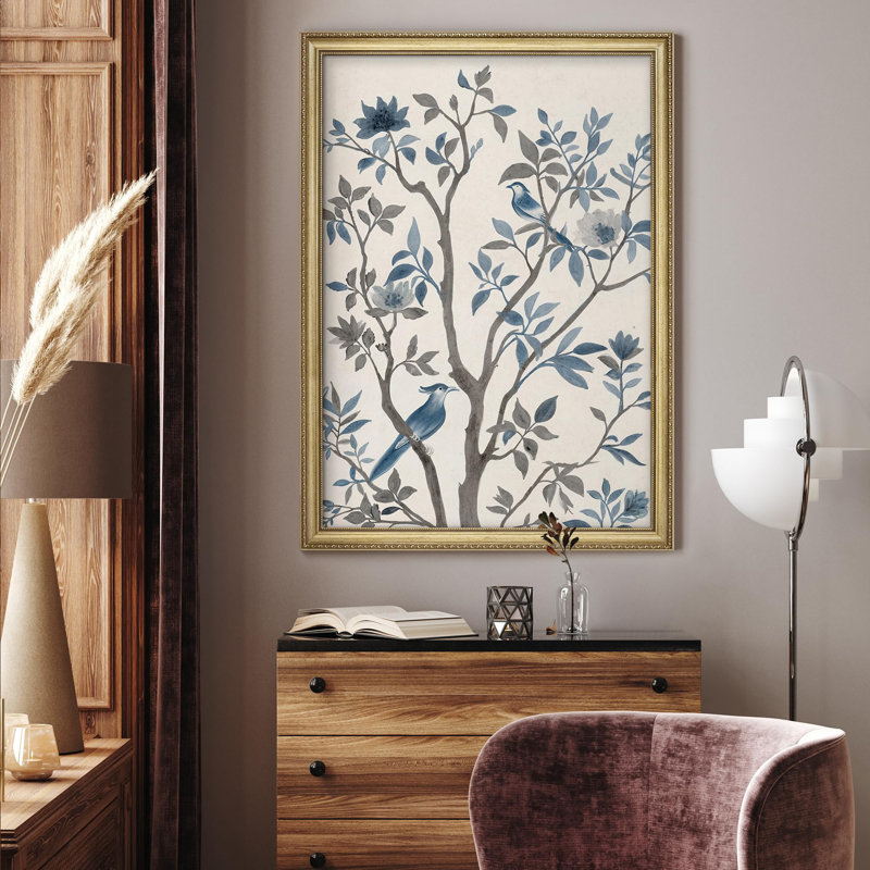 "Blue Birds and Branches Elegant Farmhouse Country Rustic Gold, Wall Art encadré", Pas de tapis