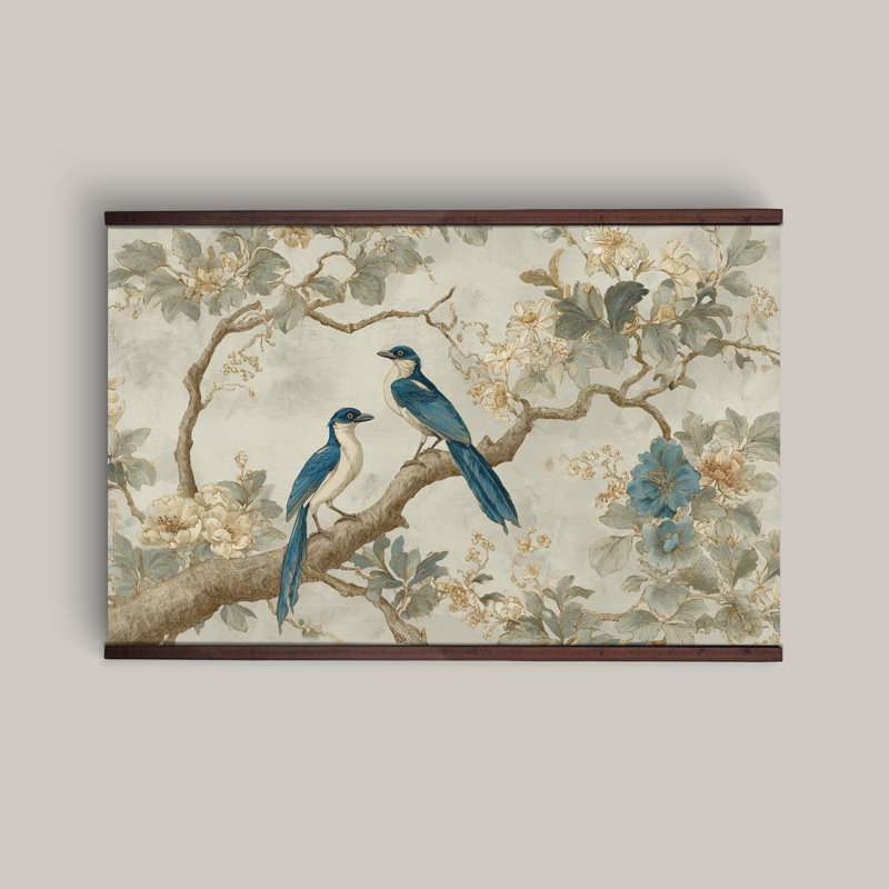 Toile, tapisserie, oiseaux bleus et fleurs chinoises avec cintre en bois - art mural botanique rétro, prêt à être accroché