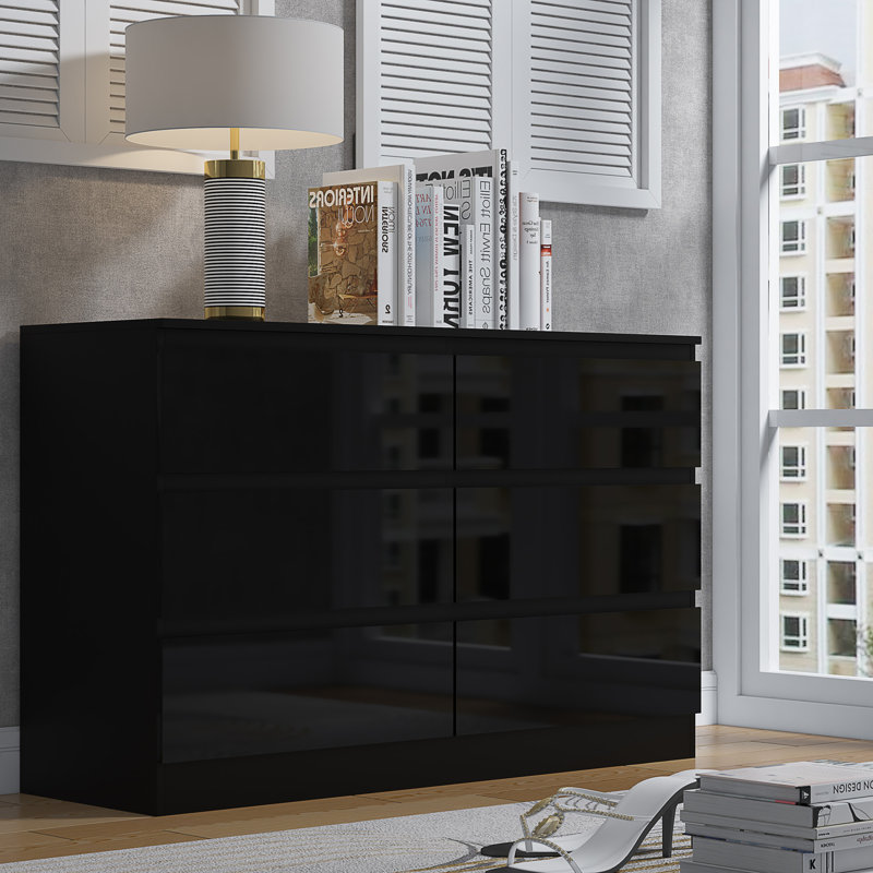 Warren 6 Drawer Wide 3+3 Chest Of Drawers 110cm W Double Dresser, Black Gloss