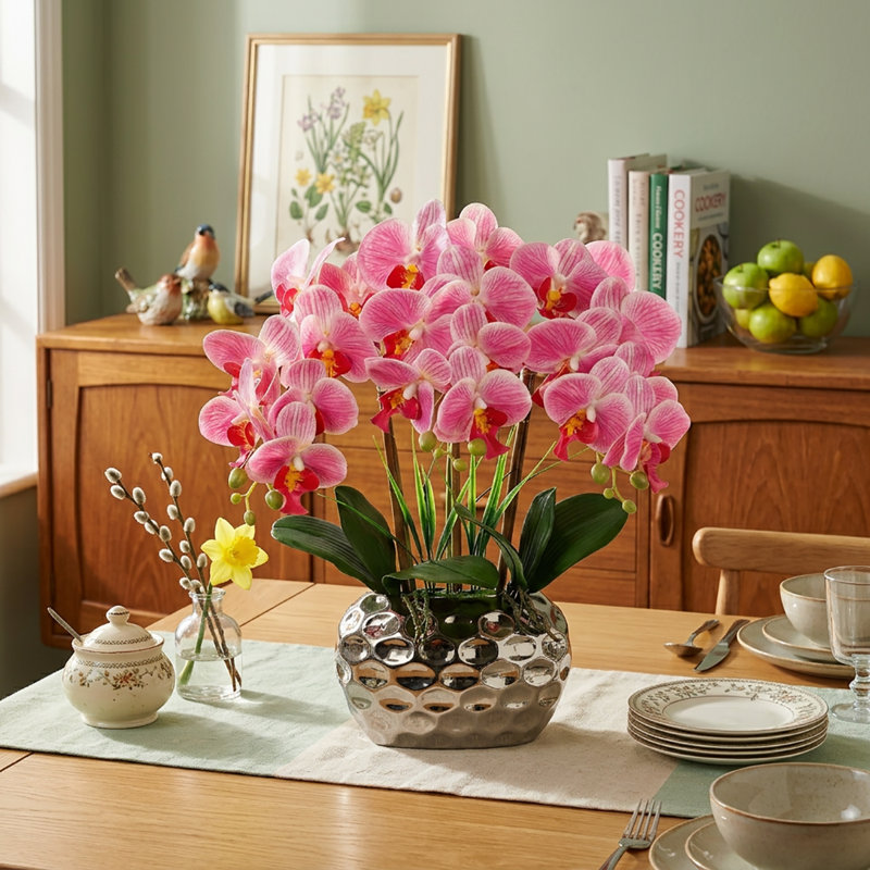 Orchids Artificial Flowers 18" Phalaenopsis Orchid With Silver Ceramic Pots Real Touch Faux Orchid Plant, Pink