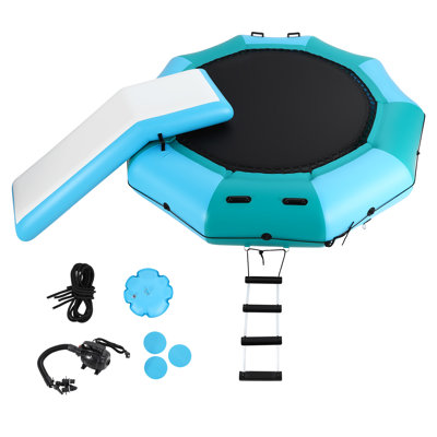Trampoline gonflable sans source d'eau 10 pi avec capacité de 408 lb, plateforme hamac 3-en-1 avec pompe 600 W, échelle et sacs d'ancrage pour Lake Pool Beach, bleu et vert