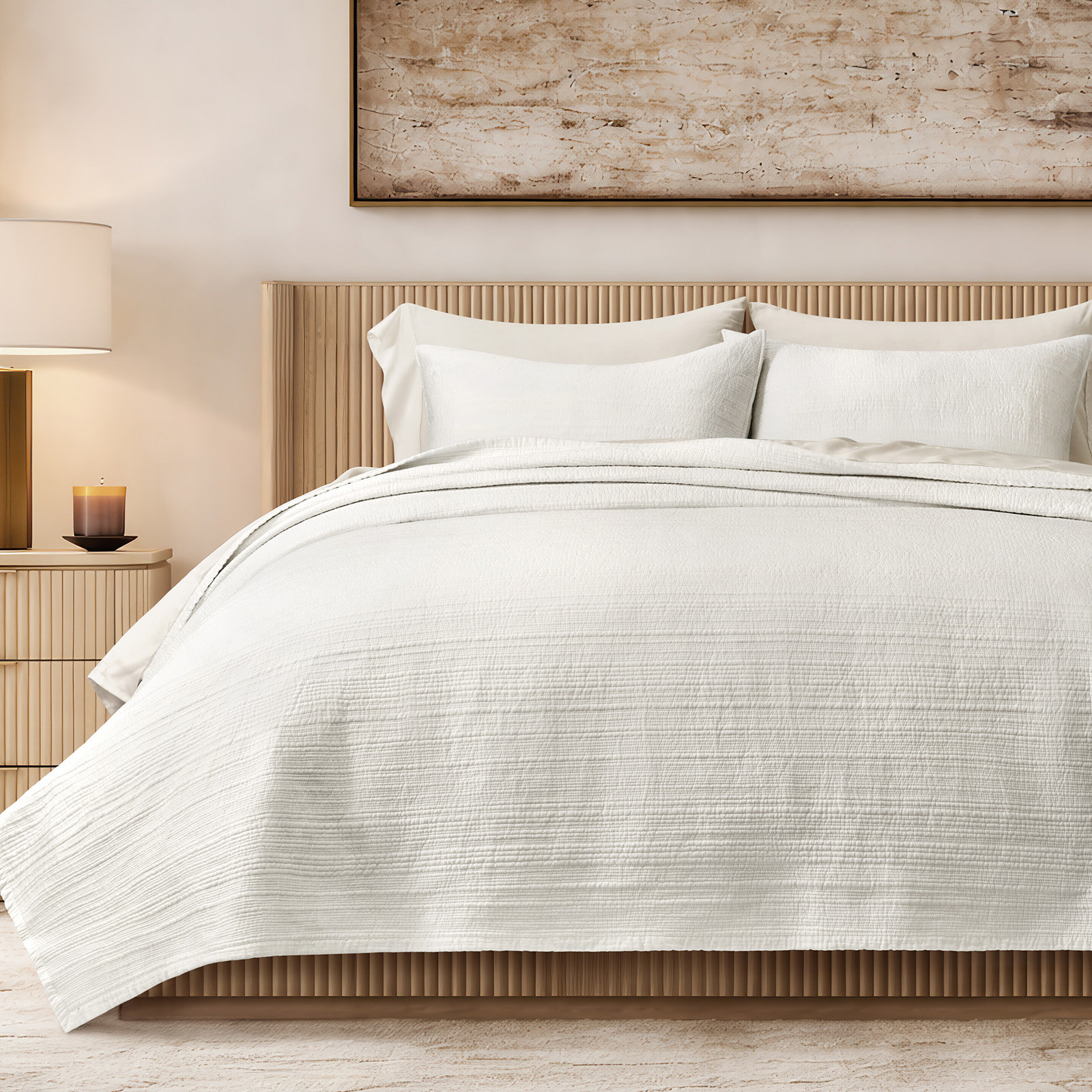 Channel Stitch Cotton Quilt Bedding Set, Queen Quilt + 2 Queen Shams, Bright White