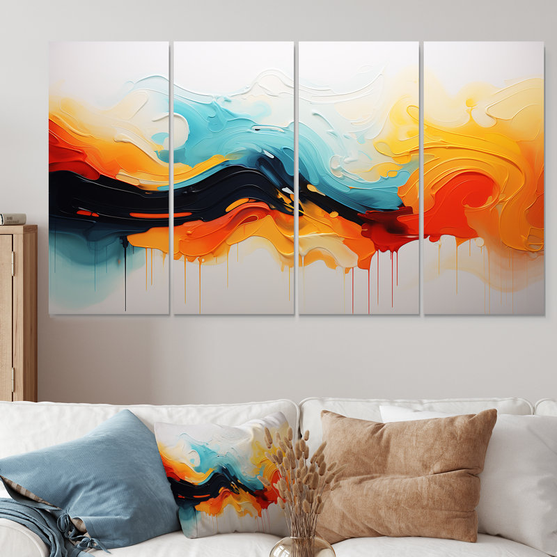 «Yellow Fractal Paint Wave Expression V», peinture abstraite, 4 pièces, H 28 po x l 48 po