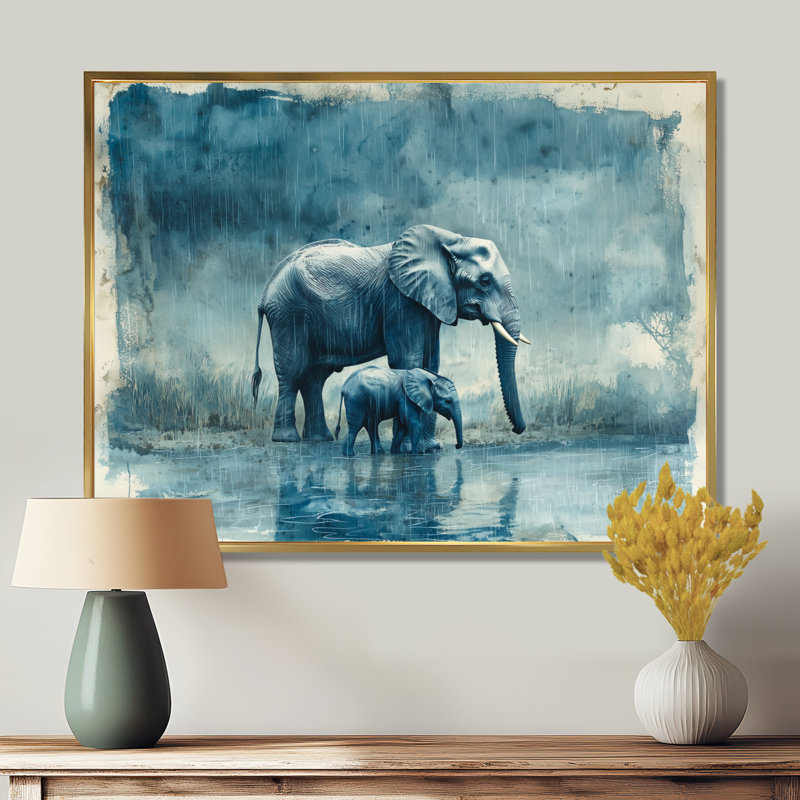 Éléphant Guffey et son veau sous la pluie - éléphant, art mural, Impression encadrée flottante, H 16 po x l 32 po, Or