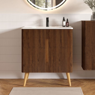 Meuble-lavabo simple en noyer rayé 30 po avec plateau en céramique Motohisa, meuble-lavabo moderne en bois avec rangement à 2 portes