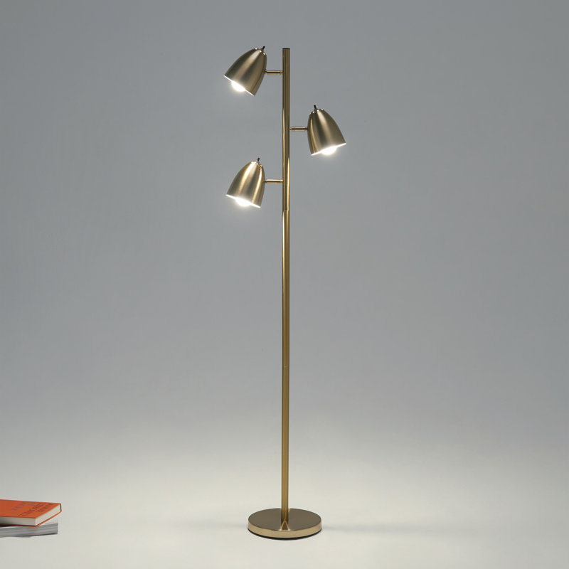 Jacob 64" Modern 3-Light Adjustable LED Floor Lamp with Gold Brass Finish and Metal Cone Shades, Bulbs Included, Brass