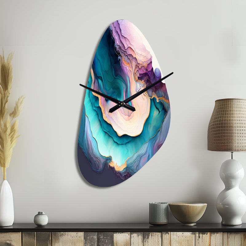 Horloge murale en forme de marbre bleu et mauve abstrait Geode I, Moyenne