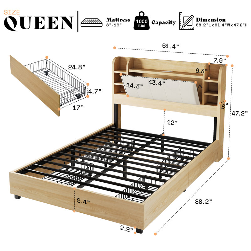 Base de lit tapissier 47,2 po avec 4 tiroirs de rangement, érable 47,2 po, Grand, Érable