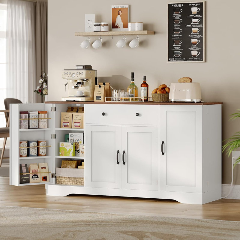 Buffet avec rangement et station de charge, armoire à café de style campagnard de 53 po avec tiroir à compartiments, buffet avec porte et tablettes réglables pour la cuisine, blanc
