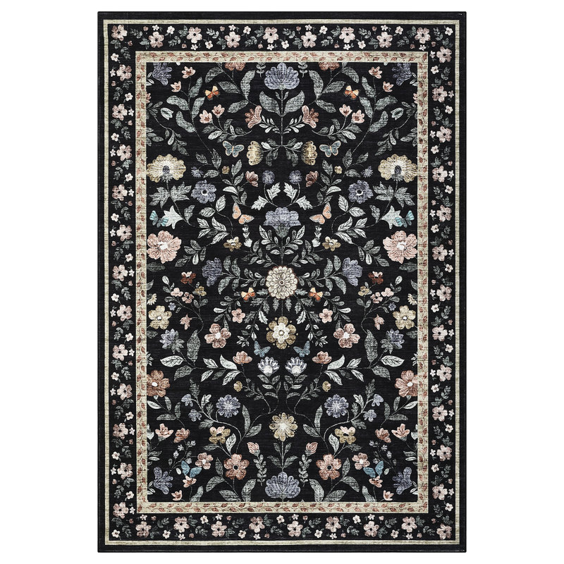 Floral Machine Washable Rug for Living Room, Non-Slip Vintage Floor Mats, Stain-Resistant Soft Faux Wool Farmhouse Indoor Carpet for Bedroom, Nursery, Dining Room