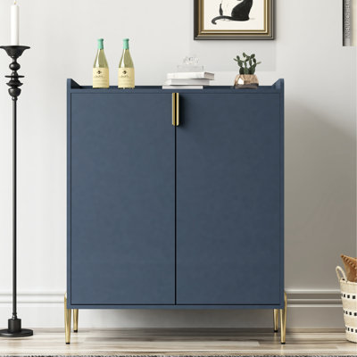 Multi-functional Sideboard With 2 Doors, Wine Rack, Adjustable Shelves, Hinges, Blue, For Dining And Living Spaces, 15mm Thick Wood Blue Room Buffet Cabinet 5.9" High Metal Feet, - Material