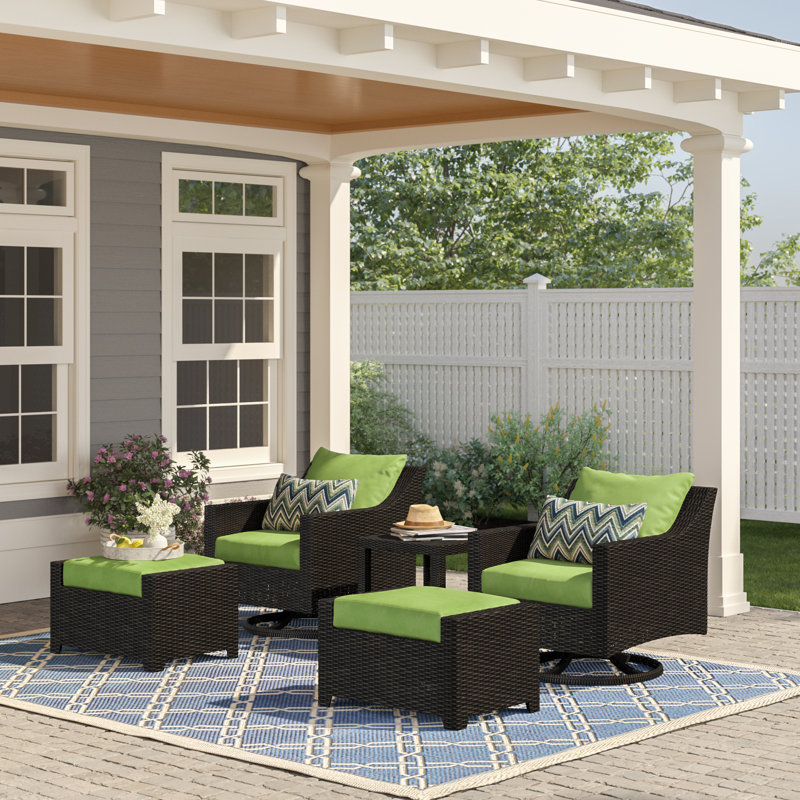 Mifflin 5 Piece Rattan Sunbrella 2 Person Seating Group with Cushions, White/Blue Sunbrella