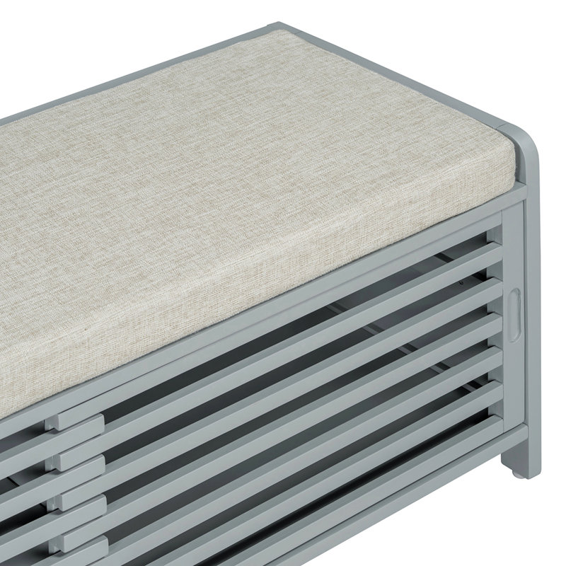 Distressed Shutter Storage Bench with Acacia Veneer, Gray