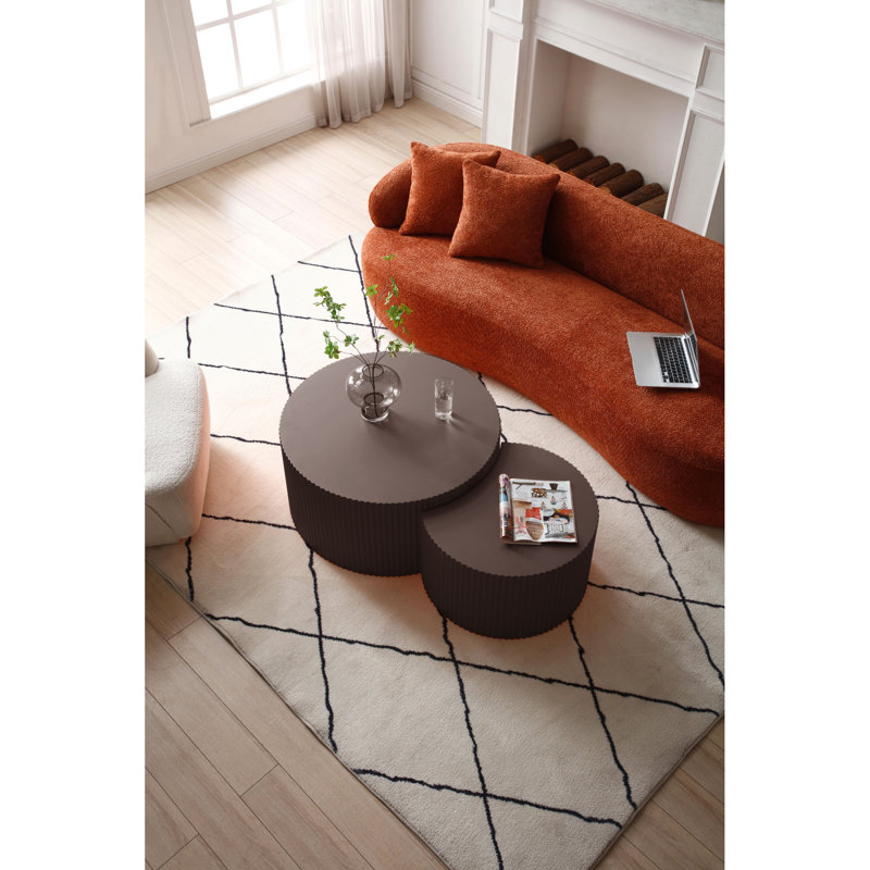 Ensemble de 2 tables gigognes en MDF fabriquées à la main, brun et rond, sans assemblage requis