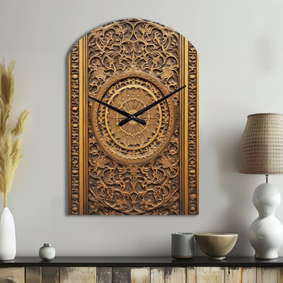 Old Carved Wooden Door VIII - Farm Door Arch Metal Clock, Brown Asymmetrical Metal Clock Print