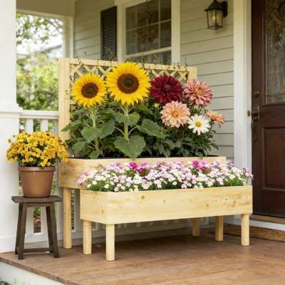 Boîte à fleurs pour patio avec treillis, plantes multiples en croissance dans un espace organisé, structure étagée, couleur de bois naturel, drainage au bas, doublures non tissées, légumes surélevés, hauteur de 15,7 po pour faciliter