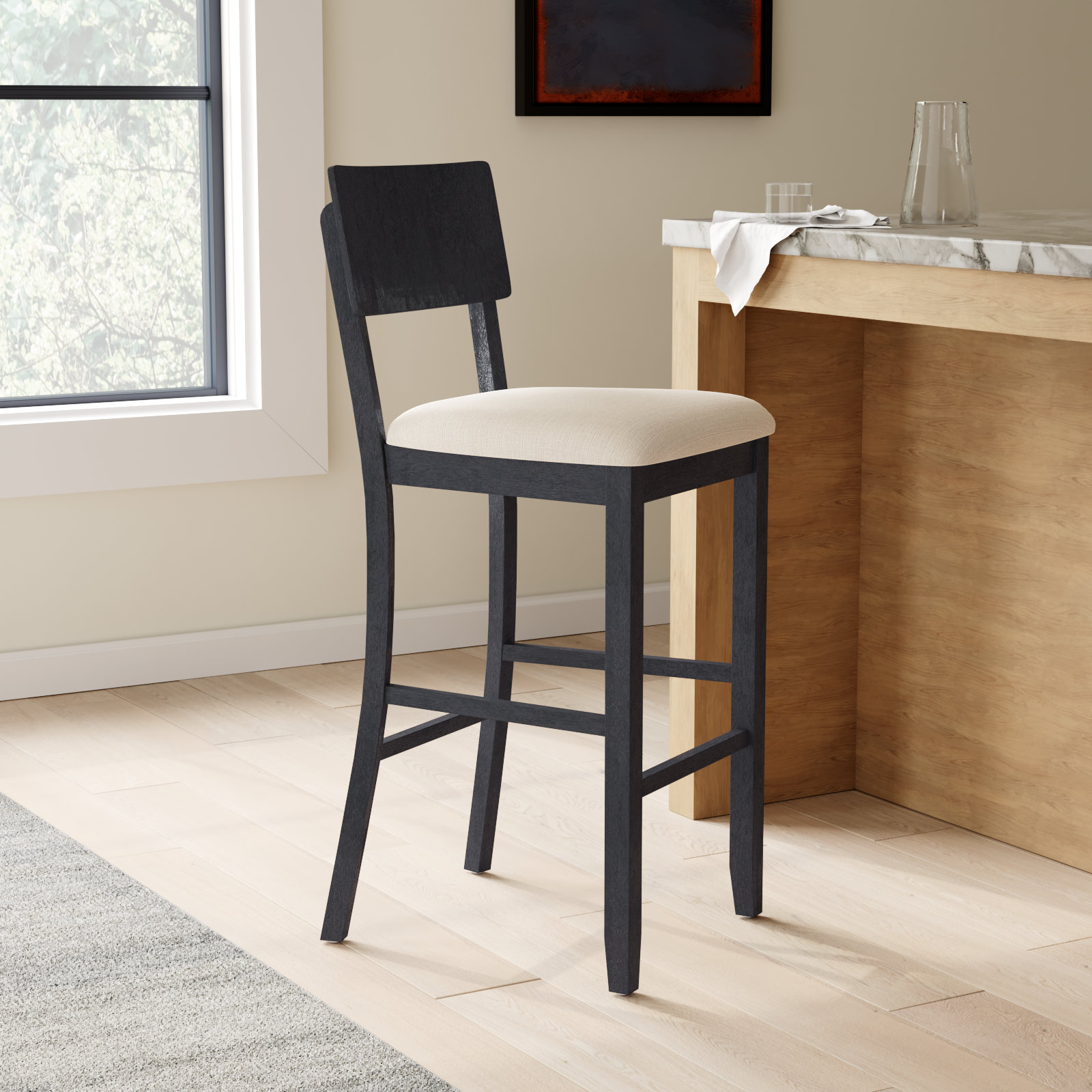 Andelo " Cotton and Linen Bar Stool, Beige Seat/Dark Charcoal Frame, Bar Stool (30" Seat Height)