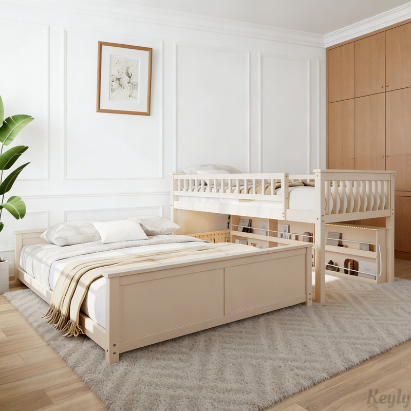 Lit avec tablettes intégrées, lumières à changement de couleur et panneau perforé pour une organisation personnalisée, Beige
