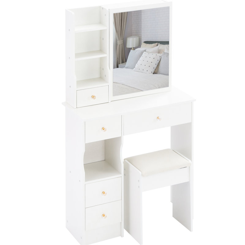 American Style 50.4" Tall White Vanity Table With Left Drawer, Right Sliding Mirror, Multi - Layer Storage And Cushioned Stool For Small Spaces 29.2" Long Design Bedrooms
