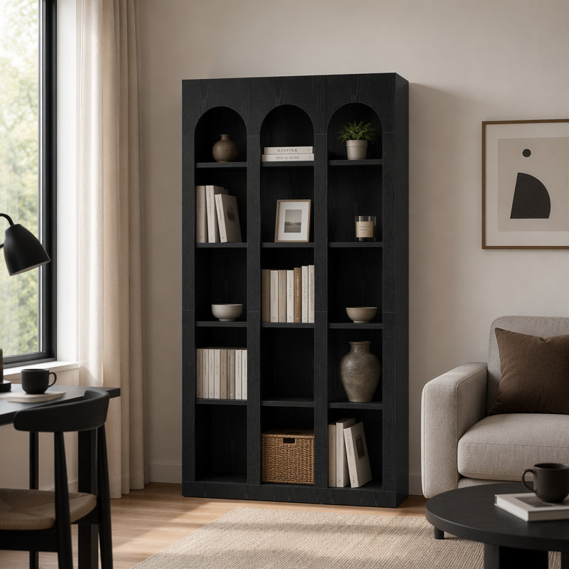 Bibliothèque rustique en bois à cinq niveaux avec un design arqué pour le rangement et la présentation de l'écurie