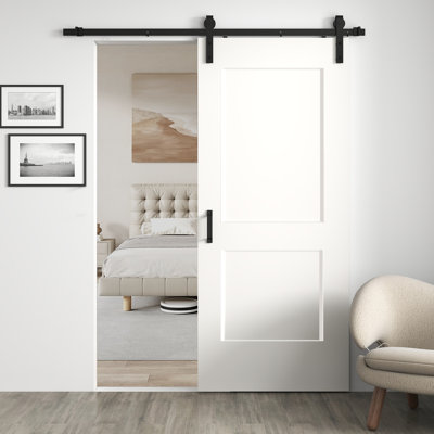 36"x84" Flat 2-Panel Smooth White Primed Solid Core Sliding Barn Door With Installation Hardware Kit (Door Slab Pre-assembled）